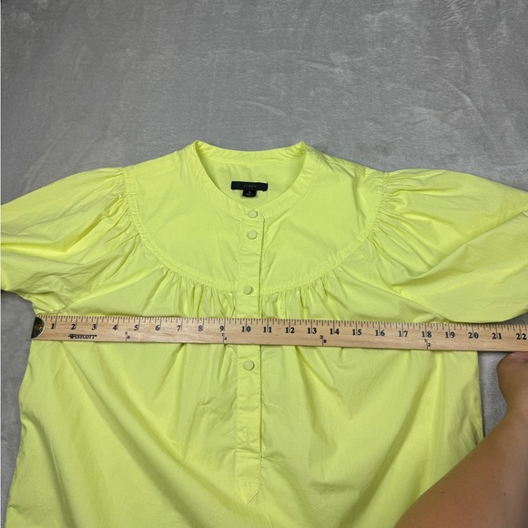 J.Crew Puff Sleeve Cotton Poplin Popover Button Neckline Neon Yellow Blouse 2 - Picture 7 of 10